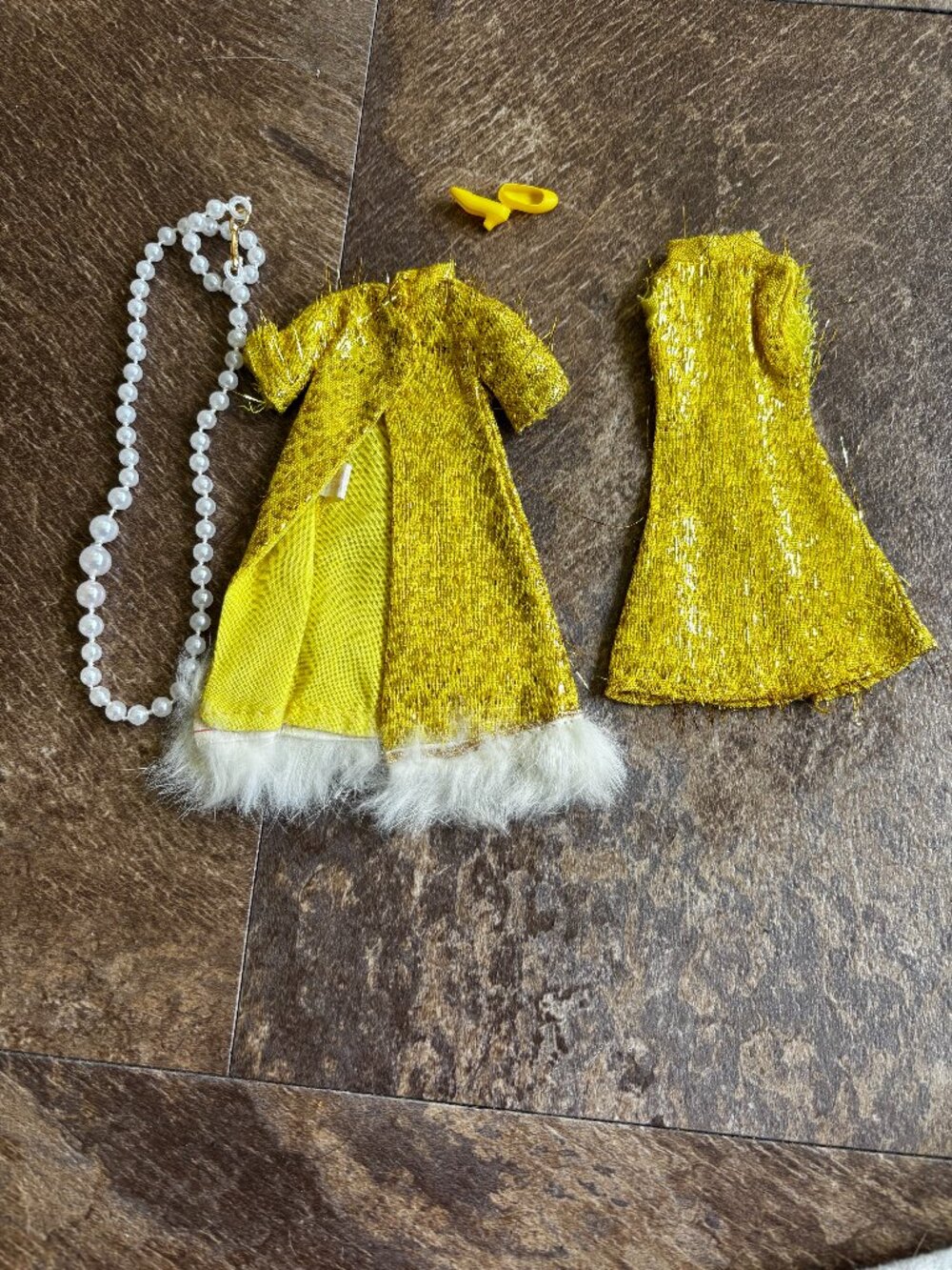 Topper Dawn doll clothes Peggy Ann gold brocade lame gown real fur trim on coat